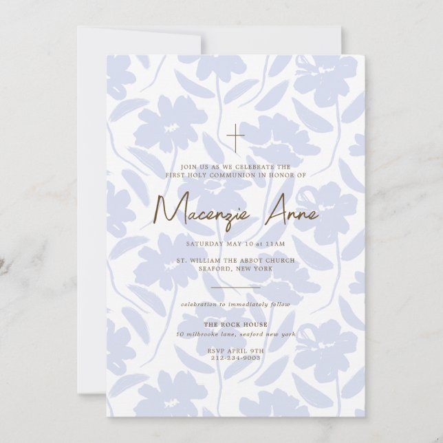 Blue Floral Communion Invitation (Front)