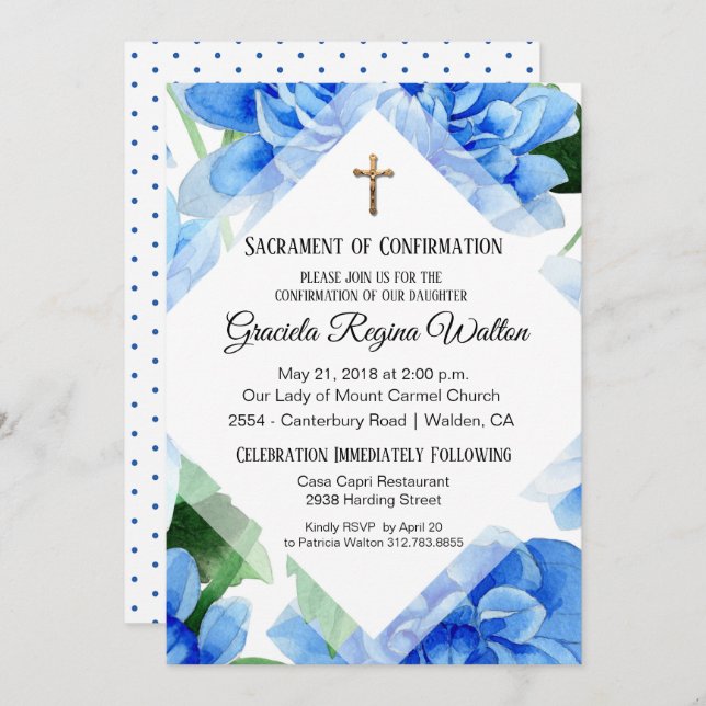 Blue Floral | Confirmation | Crucifix Invitation (Front/Back)