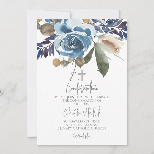 Blue Floral Confirmation  Invitation (Front)