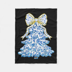 Blue Floral Coquette Bow Christmas Tree Chinoiseri Fleece Blanket