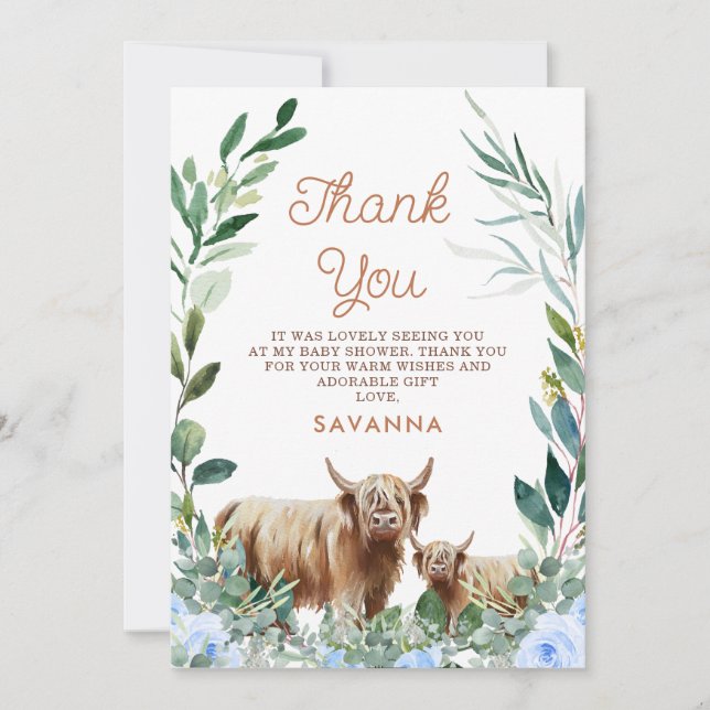 Blue Floral Cow Calf Baby Shower Thank You Card (Front)