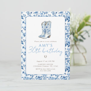 Blue Floral Cowgirl 30th Birthday Western Boots Invitation