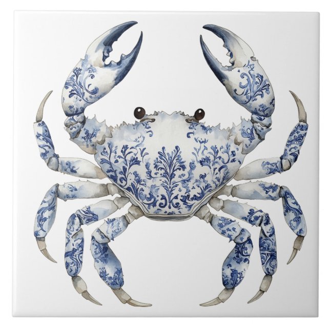 Blue Floral Crab Ceramic Tile (Front)