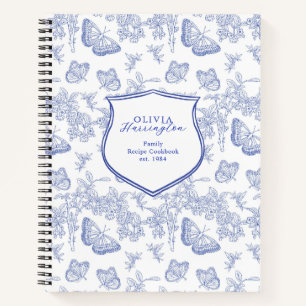 Blue Floral Crest Butterly Chinoiserie Recipe Notebook