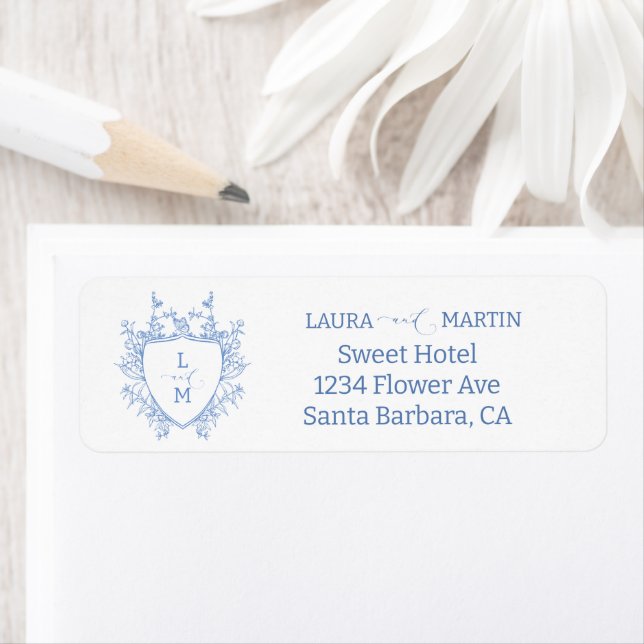 Blue floral crest frame, calligraphy script invita (Insitu)