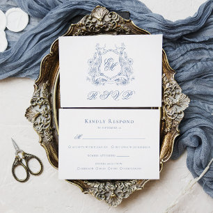 Blue Floral Crest Monogram Elegant Wedding RSVP Card