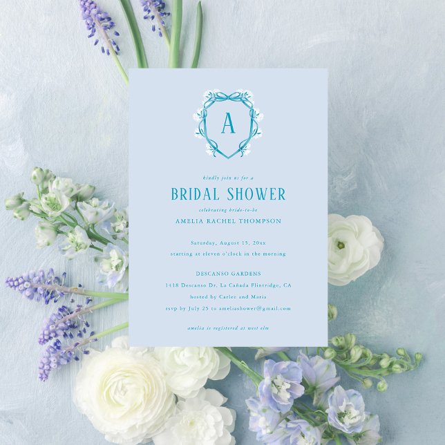 Blue Floral Crest Monogram Initial Bridal Shower Invitation (Creator Uploaded)