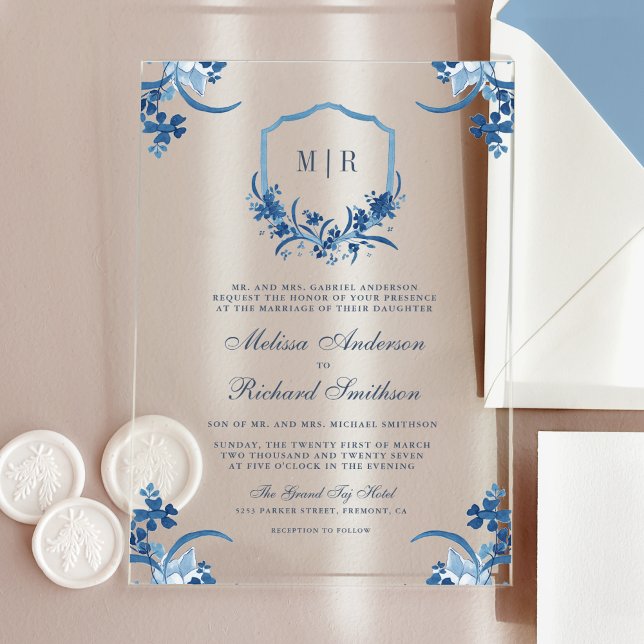 Blue Floral Crest Monogram Wedding Acrylic Invitations (Creator Uploaded)