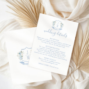Blue Floral Crest Monogram Wedding Details Card