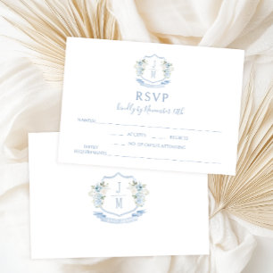 Blue Floral Crest Monogram Wedding RSVP Cards