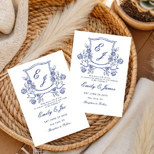 blue Floral Crest Victorian wedding invitation