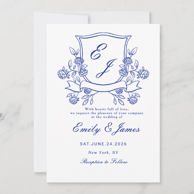 blue Floral Crest Victorian wedding invitation (Front)