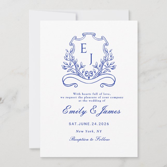 blue Floral Crest Victorian wedding invitation (Front)