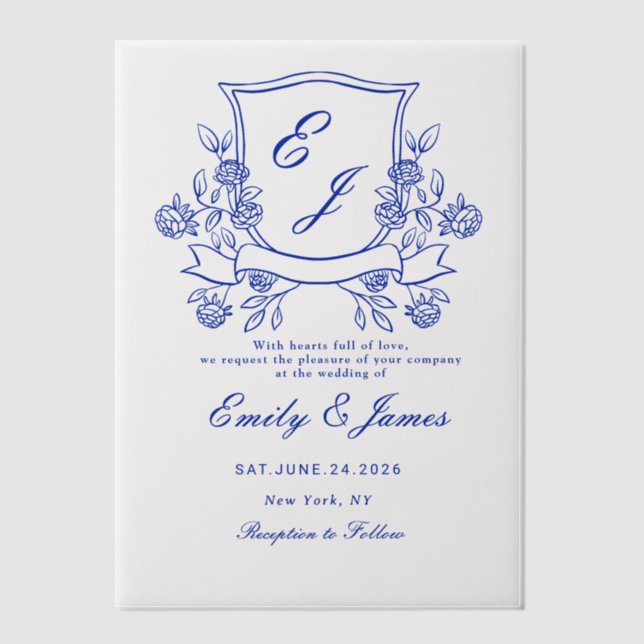 blue Floral Crest Victorian wedding  Vellum Invitations (Front)