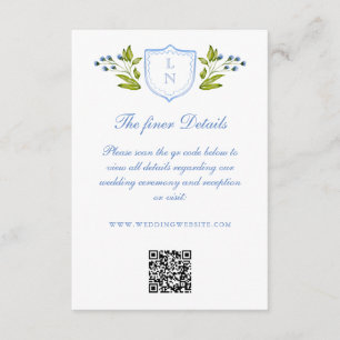 Blue Floral Crest Wedding Details QR Code Enclosure Card