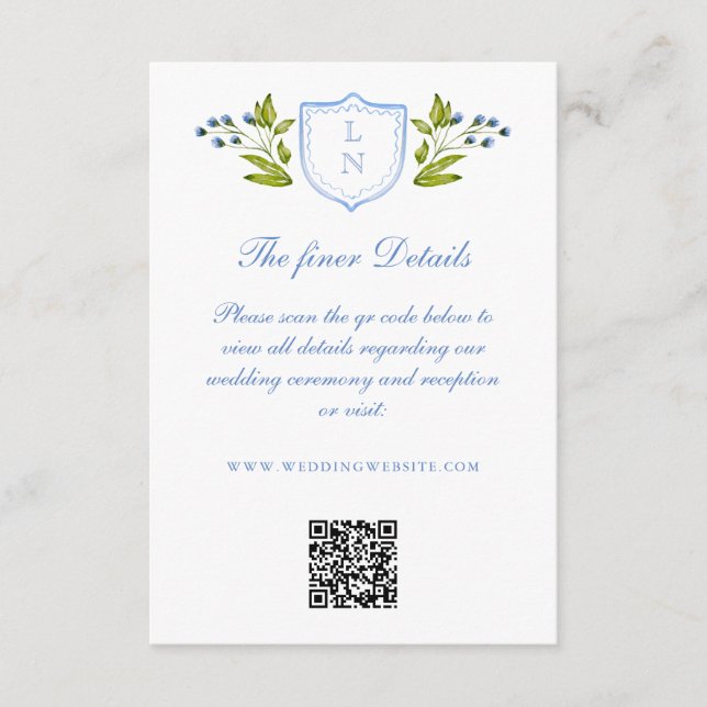 Blue Floral Crest Wedding Details QR Code Enclosure Card (Front)