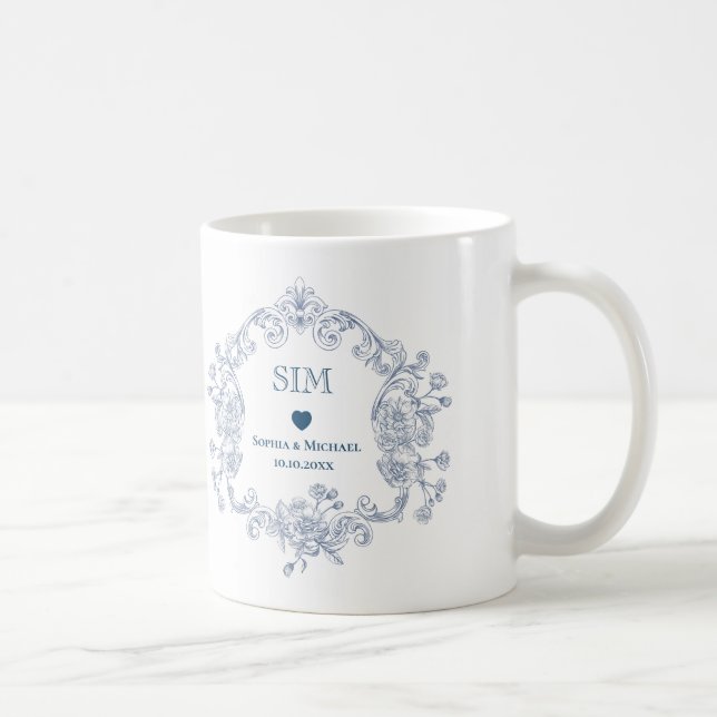 Blue Floral Crest Wedding I Monogram and Initials Coffee Mug (Right)