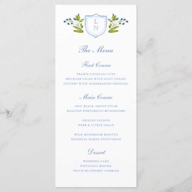 Blue Floral Crest Wedding Menu (Front)