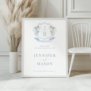 Blue Floral Crest Wedding Welcome Sign Poster