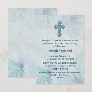 Blue Floral Cross Baby Christening Invitation