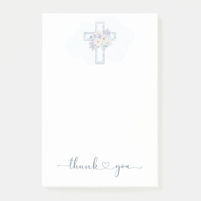 Blue Floral Cross Baptism/Christening Thank You  Post-it Notes (Front)