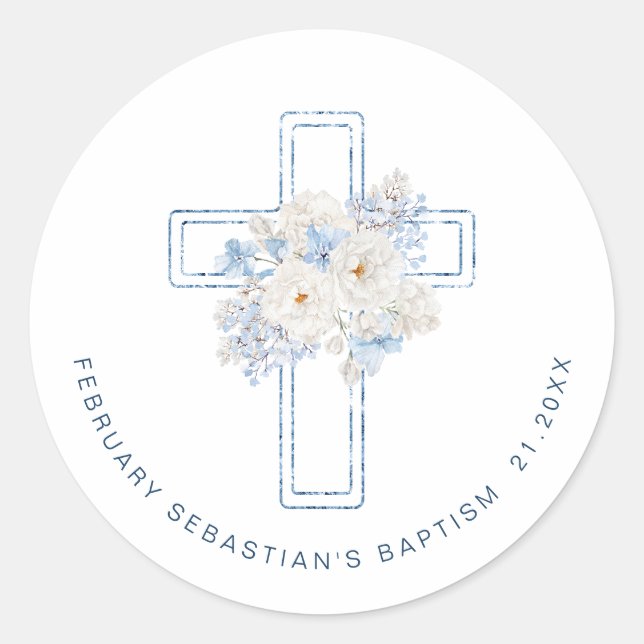 Blue Floral Cross Baptism Classic Round Sticker (Front)