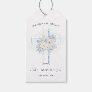 Blue Floral Cross Baptism Gift Tags