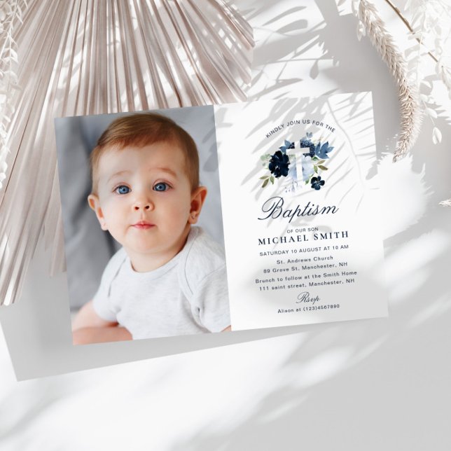 blue floral cross baptism invitation (Creator Uploaded)