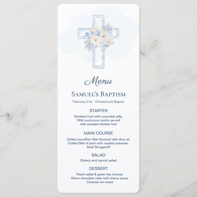 Blue Floral Cross Baptism Menu (Front)