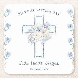 Blue Floral Cross Baptism Paper Coaster