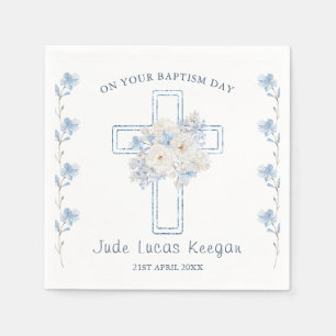 Blue Floral Cross Baptism Paper Napkin