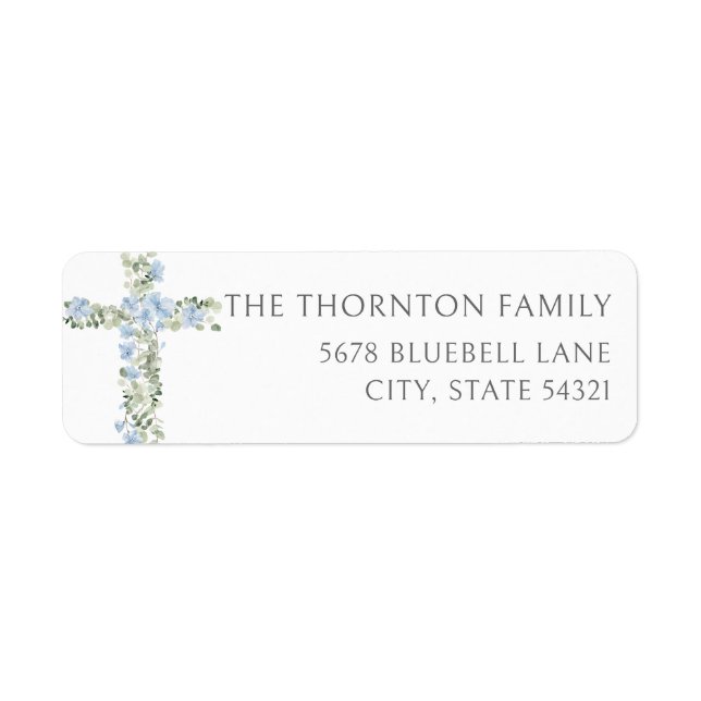 Blue Floral Cross Baptism Return Address Labels (Front)