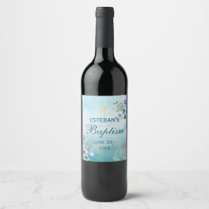 Blue Floral Cross Baptism Wine Label