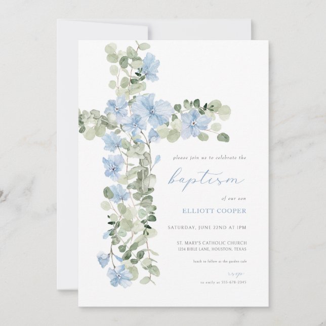 Blue Floral Cross Boy Baptism Invitation (Front)
