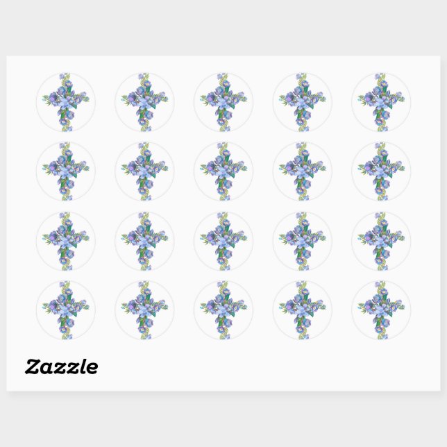 Blue Floral Cross  Classic Round Sticker (Sheet)