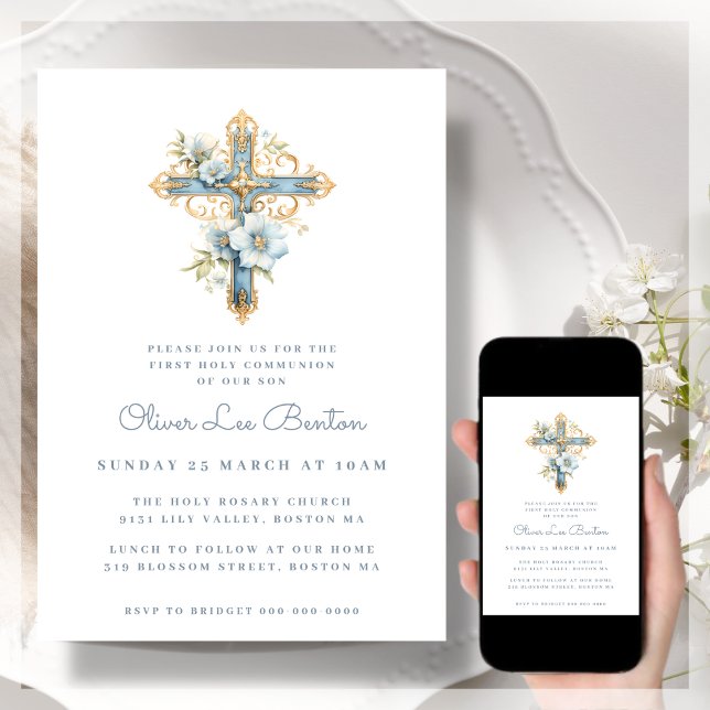 Blue Floral Cross | First Holy Communion Invitation (Creator Uploaded)