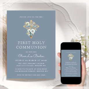 Blue Floral Cross   First Holy Communion  Invitation