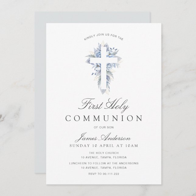 blue floral cross first holy communion invitation (Front/Back)