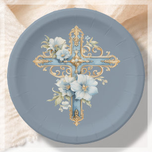 Blue Floral Cross First Holy Communion Paper Plate
