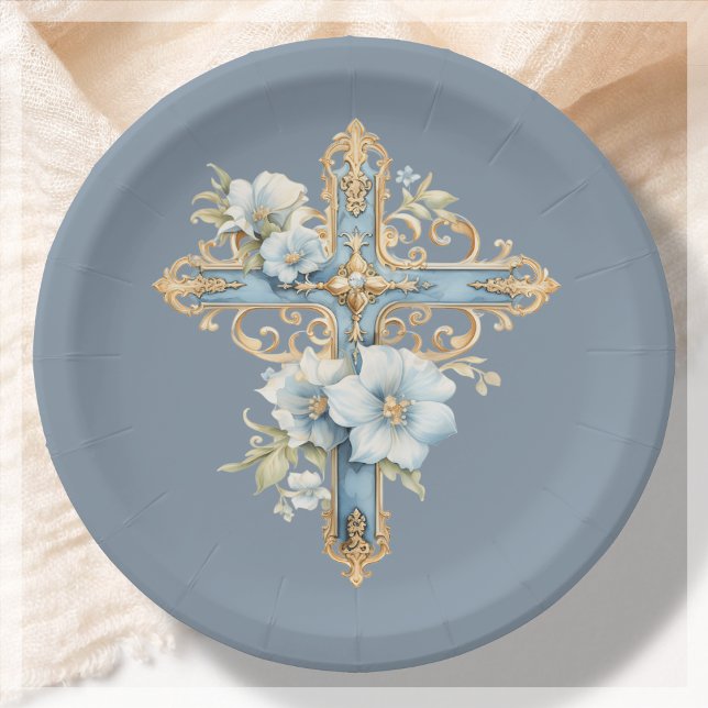 Blue Floral Cross First Holy Communion Paper Plate (Creator Uploaded)