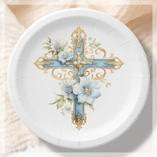 Blue Floral Cross First Holy Communion Paper Plate