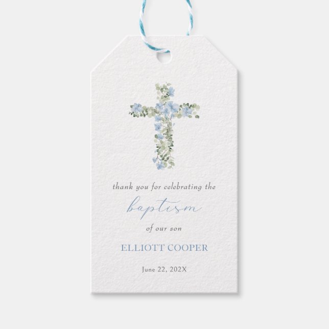 Blue Floral Cross Girl Baptism Favour Tag (Front)