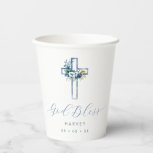 Blue Floral Cross God Bless Baptism Paper Cups