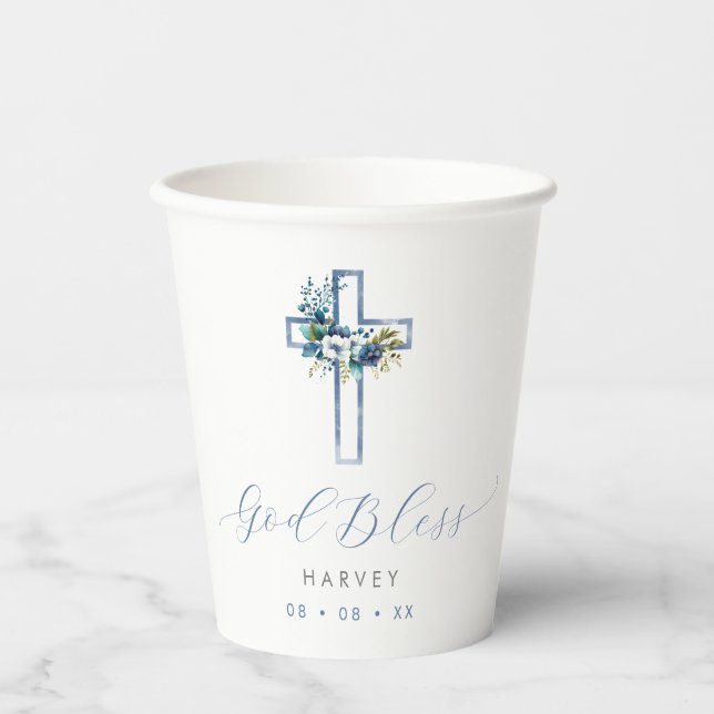 Blue Floral Cross God Bless Baptism Paper Cups (Front)
