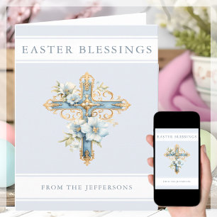 Blue Floral Cross Religious Easter Blessings  Card