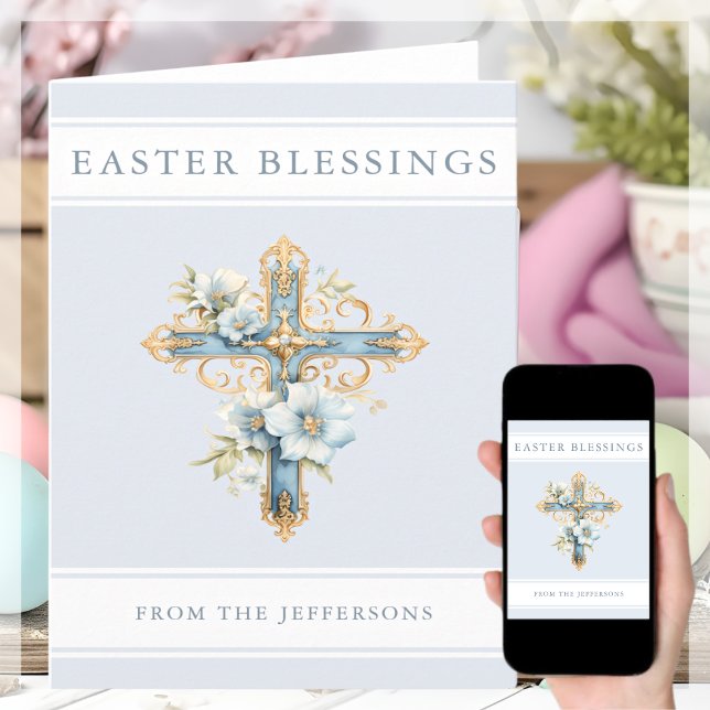 Blue Floral Cross Religious Easter Blessings  Card (Creator Uploaded)