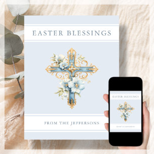 Blue Floral Cross Religious Easter Blessings  Holiday Card