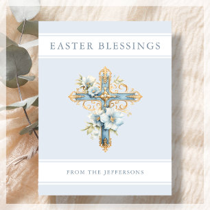 Blue Floral Cross Religious Easter Blessings  Postcard