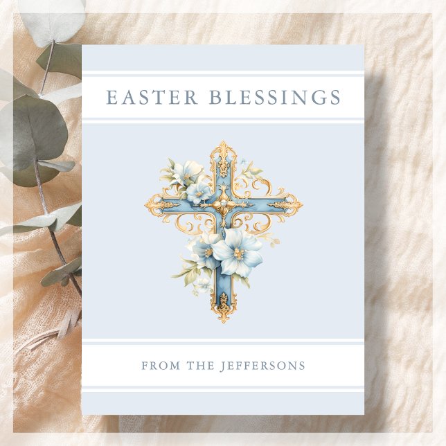 Blue Floral Cross Religious Easter Blessings  Postcard (Creator Uploaded)