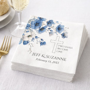Blue Floral Cross Two Become One Wedding Napkin